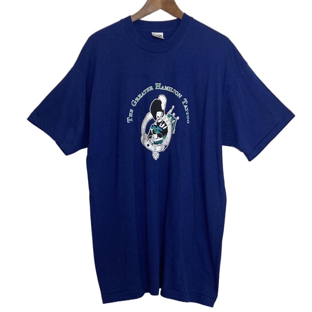 Vintage 90s T Shirt Mens XL Blue Scottish Bagpipes Marching Band Lorne Scots